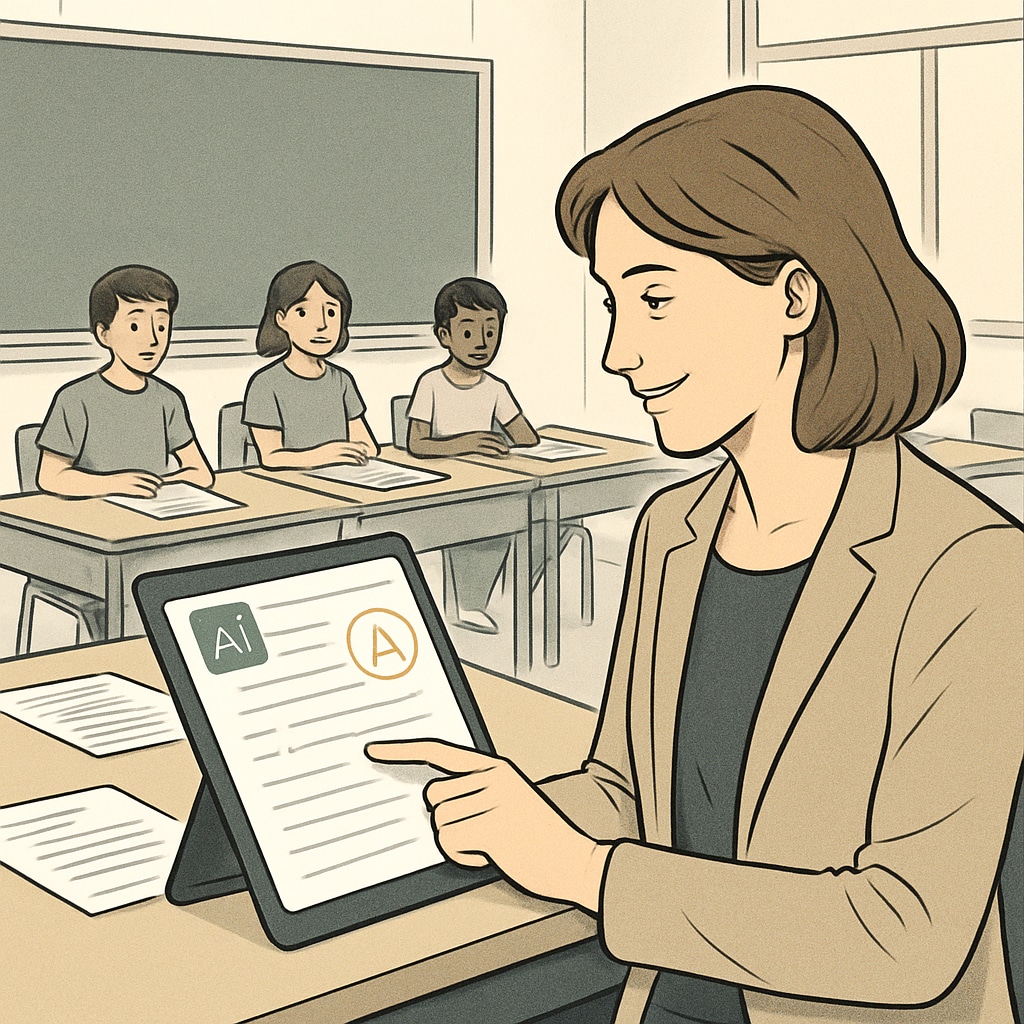 A classroom setting where a teacher uses an AI-powered tool to grade assignments efficiently. The image highlights the technological integration into education. AI-powered tool grading assignments in a classroom, improving teacher efficiency