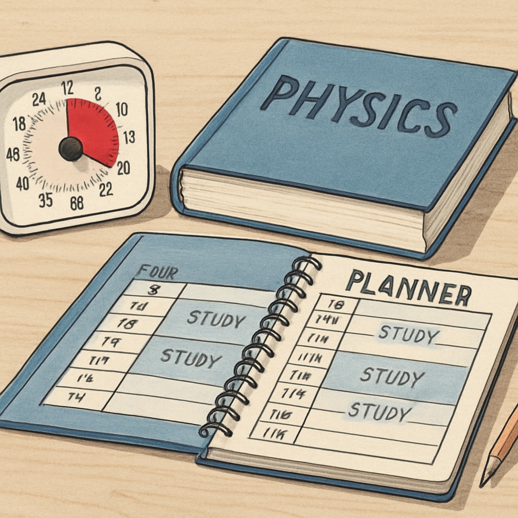 Timer and physics textbook used for effective time management