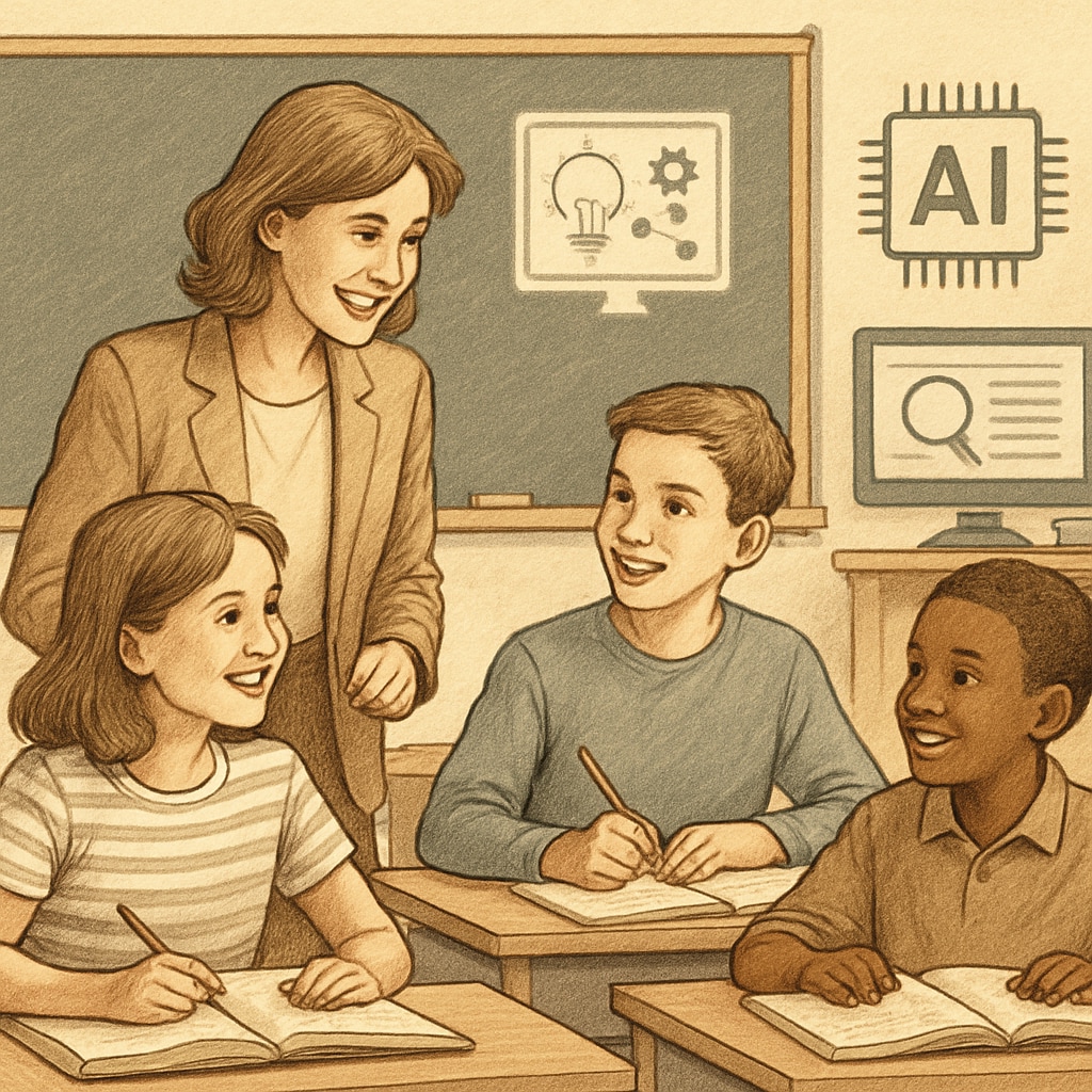 A teacher engaging with students while AI tools work in the background, showcasing the balance between technology and personal interaction in education. Teacher interacting with students while AI tools assist in the background
