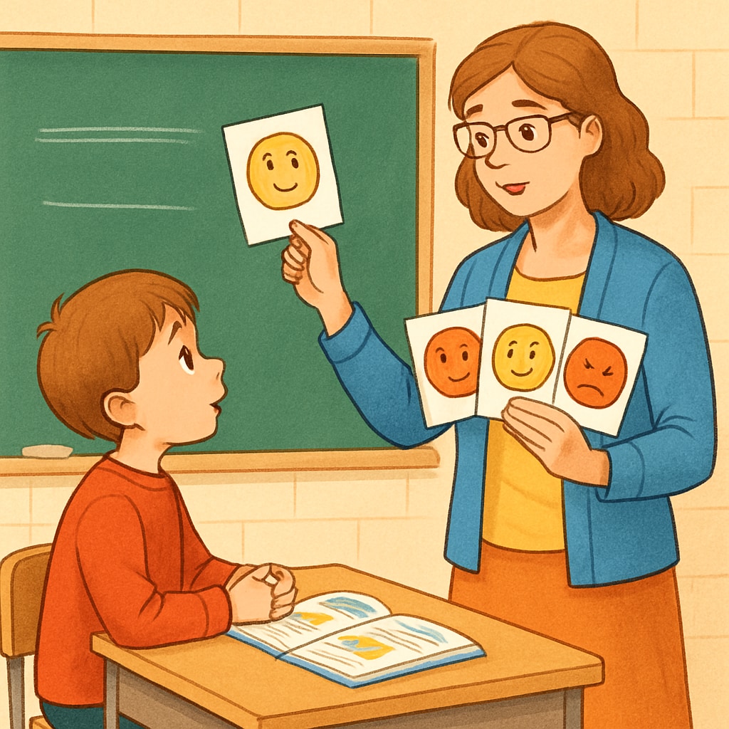 A child learning emotional education through illustrated cards.
