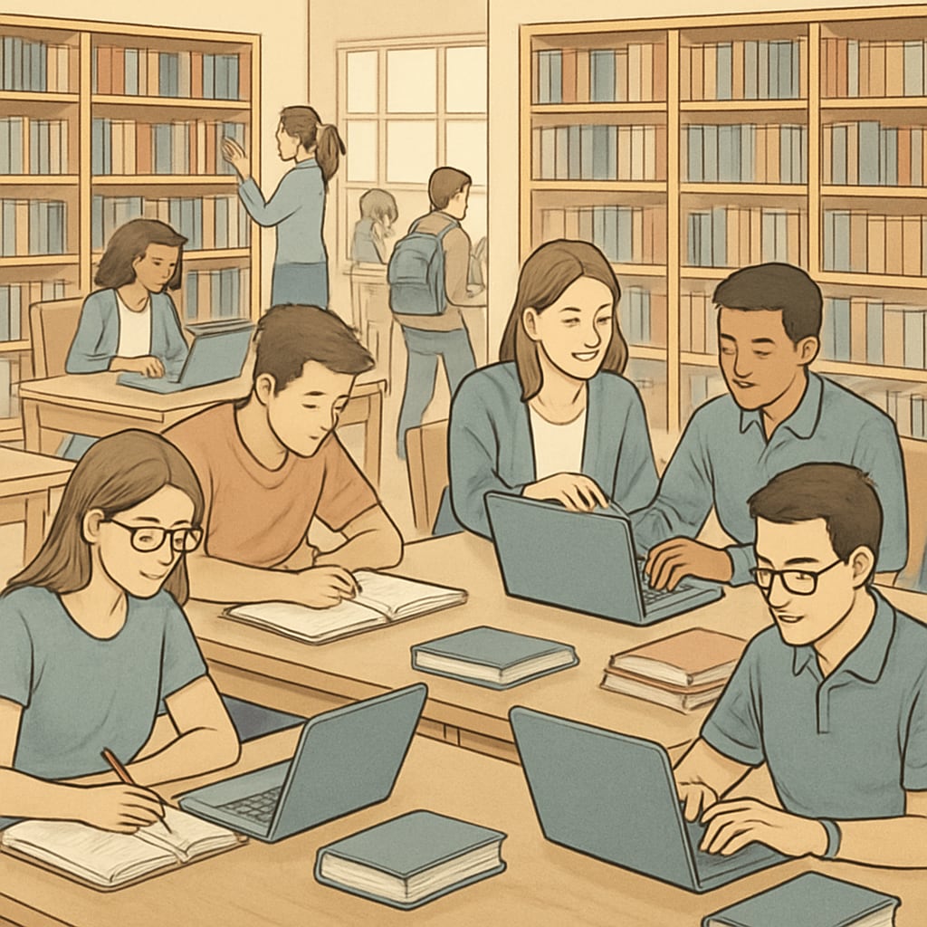 A university library filled with students studying and accessing academic resources, representing comprehensive academic support systems. University success traits - students studying in a library