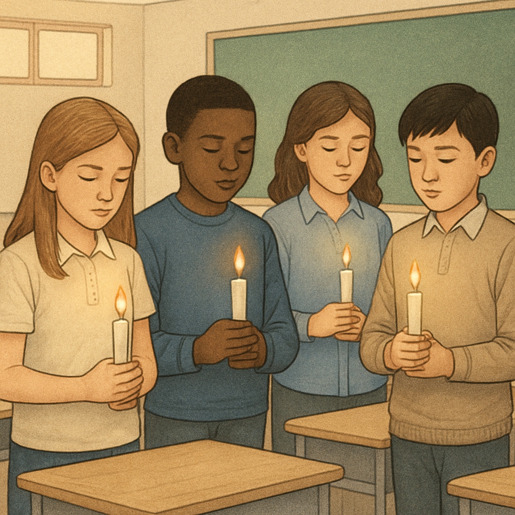 Students holding candles in a remembrance activity for victims of global conflicts.