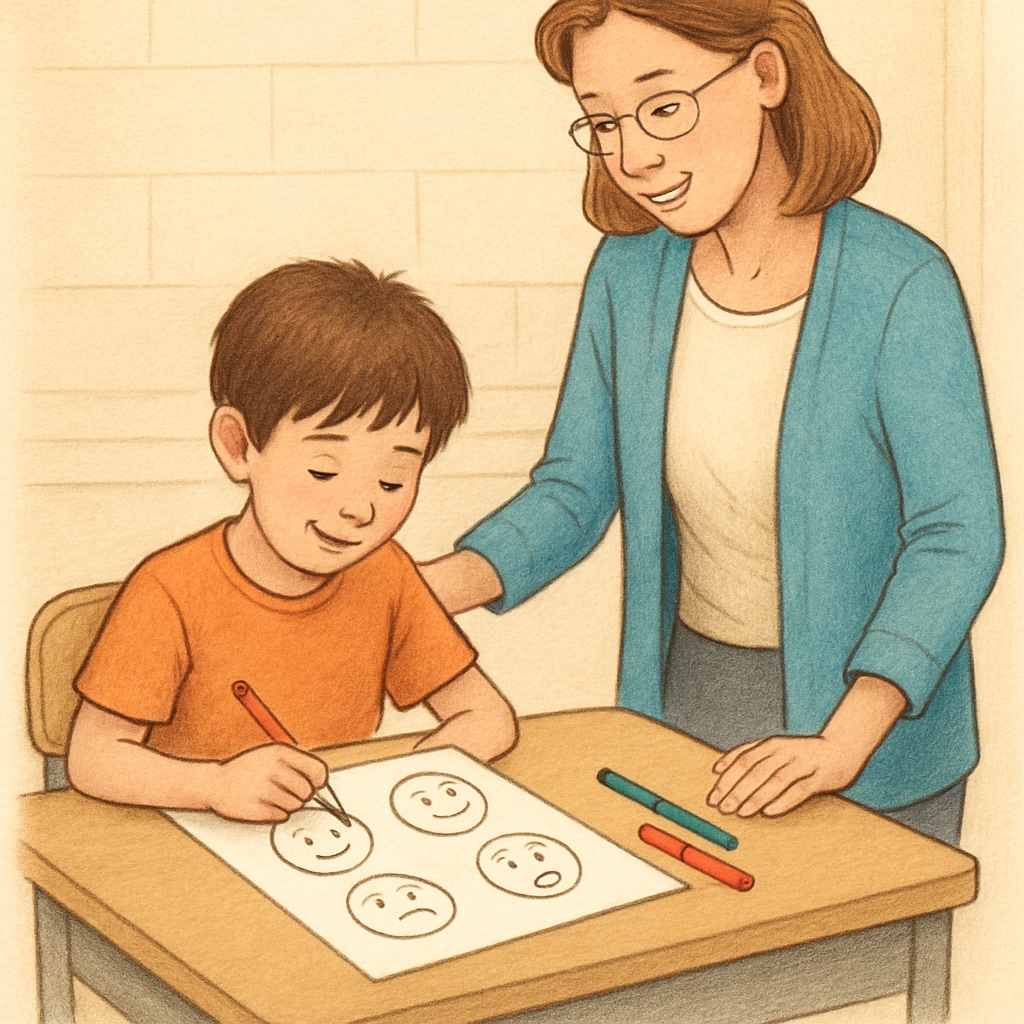 Emotional education: A child expressing feelings through art with a supportive teacher.