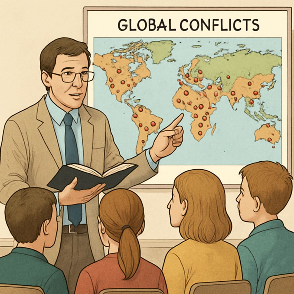 Teacher discussing global conflicts with students using a world map.