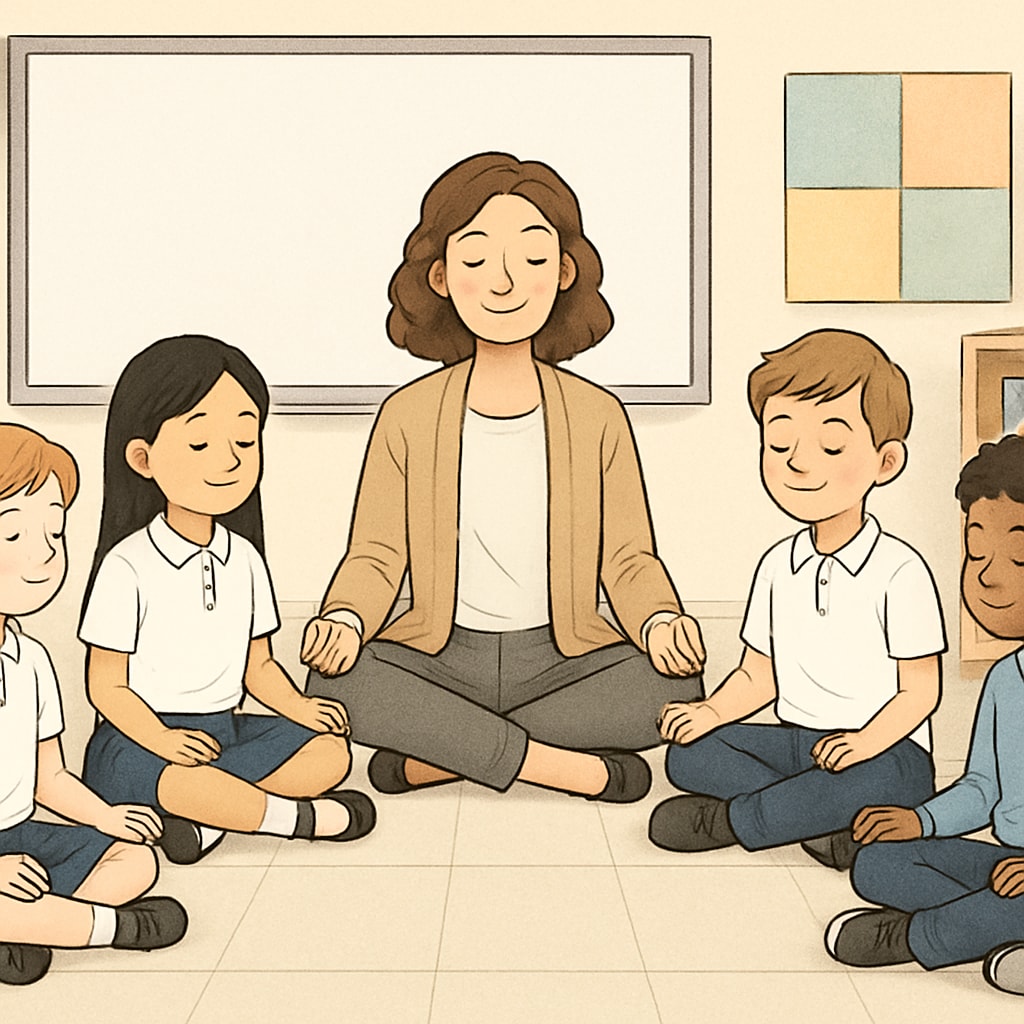 Emotional education: Children practicing mindfulness under teacher guidance.