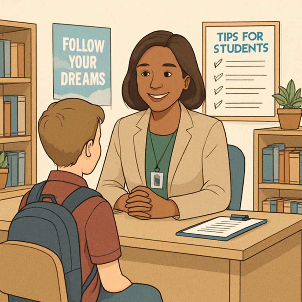 School counselor discussing academic plans with a student, showcasing non-teaching careers.