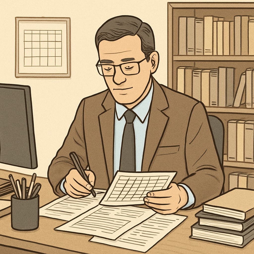 A professional school administrator reviewing schedules in an office setting. A professional school administrator working in a non-teaching role, representing education careers with school holidays.