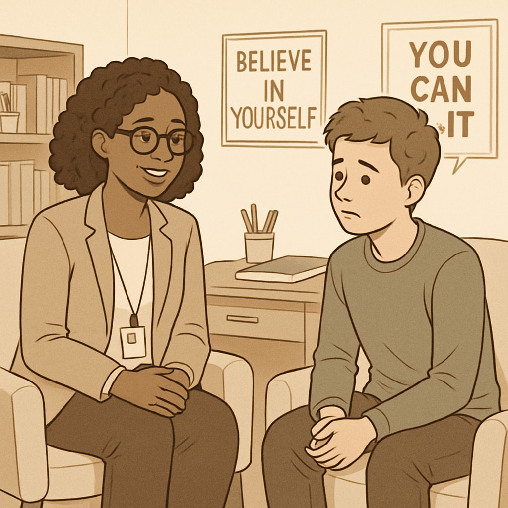 A school counselor speaking with a student in a calm and welcoming environment. A school counselor in a non-teaching role, part of education careers with school holidays.