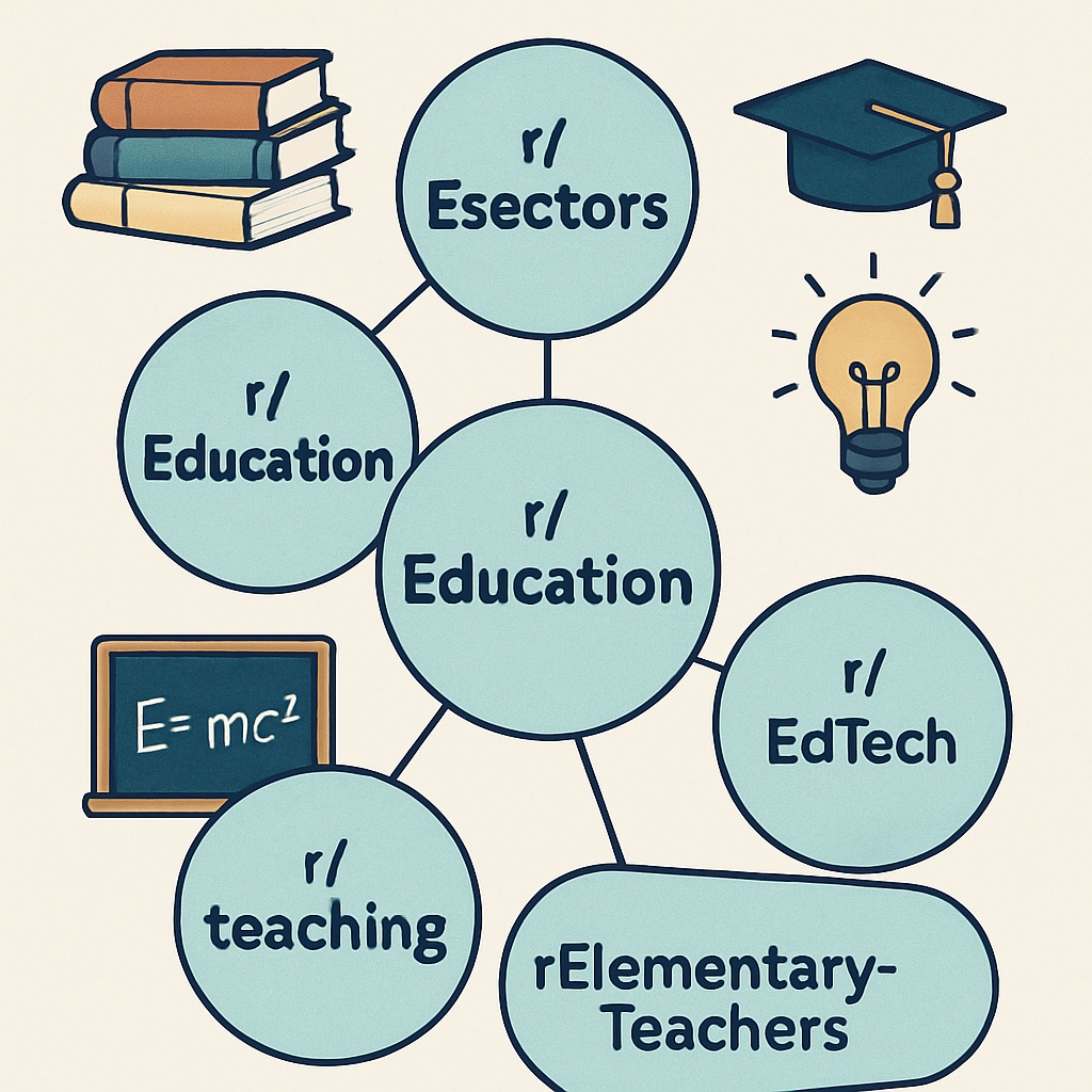 A visual representation of Reddit's subreddit structure, highlighting education-related communities like r/Teachers and r/Education. Reddit education subreddit structure diagram with examples like r/Teachers and r/Education.