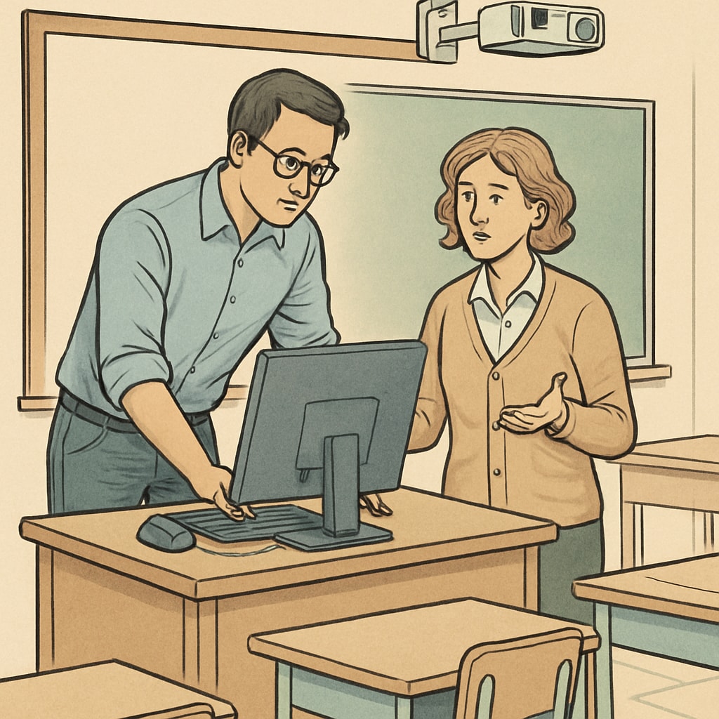 IT specialist resolving a computer problem in an educational setting, illustrating support roles.