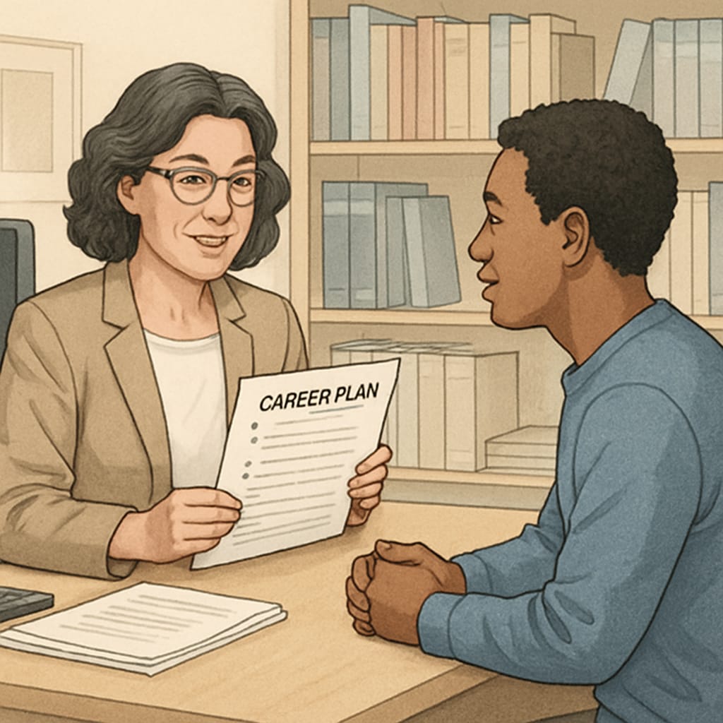 Academic advisor helping a student plan their career path, illustrating robust support systems.