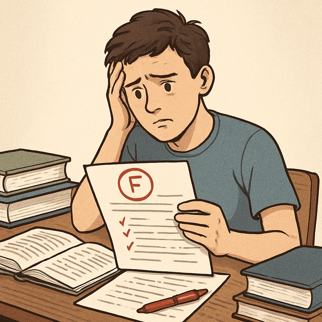 A frustrated student reviewing an exam paper, highlighting the emotional toll of unresolved grading disputes. A student reviewing exam mistakes, symbolizing grading controversies.