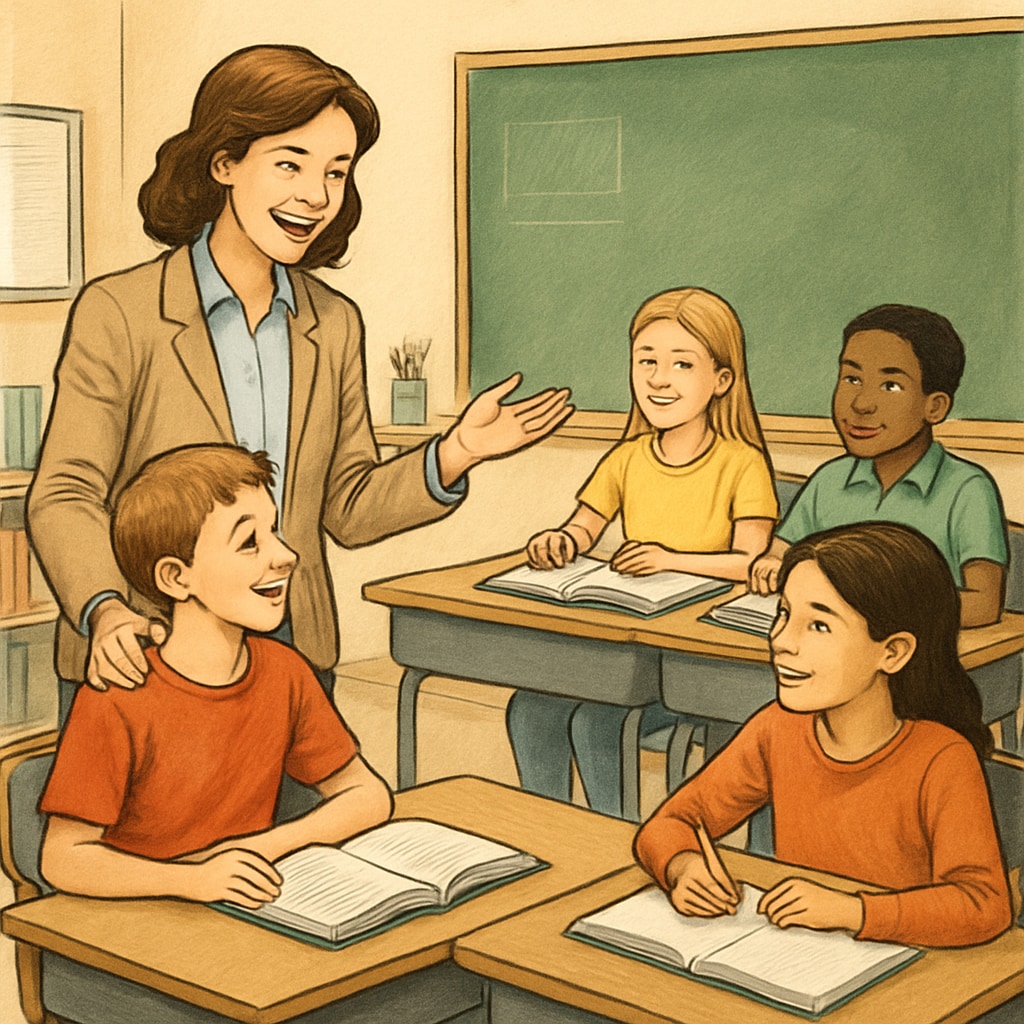 A classroom setting showing a teacher managing a group of engaged students, demonstrating a supportive learning environment. A teacher in a public school classroom engaging with attentive students to promote effective learning.