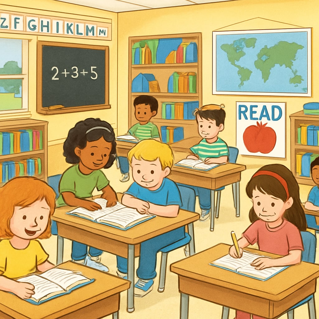 Public school classroom with children learning and colorful decorations.