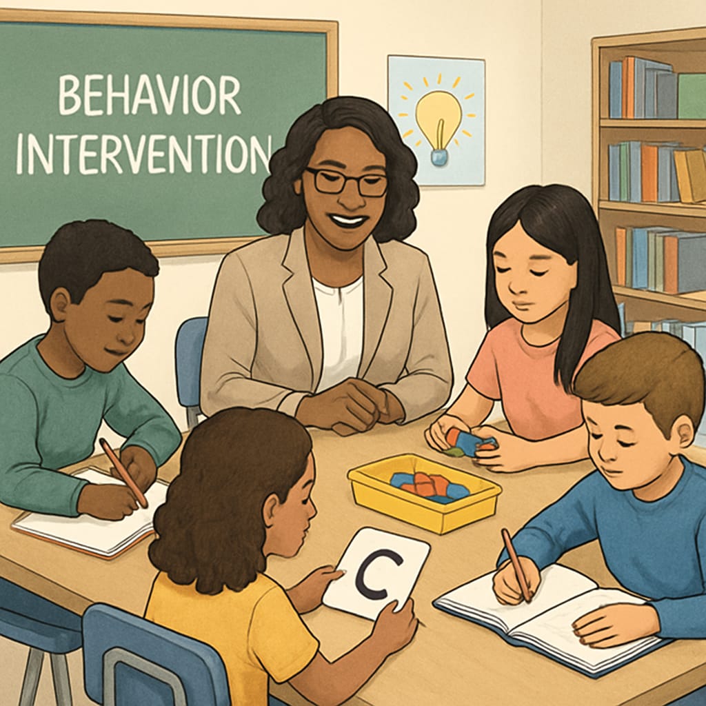 A group of students working with a behavioral specialist in a separate room, illustrating targeted intervention programs. Behavioral intervention program for disruptive students in a public school setting.