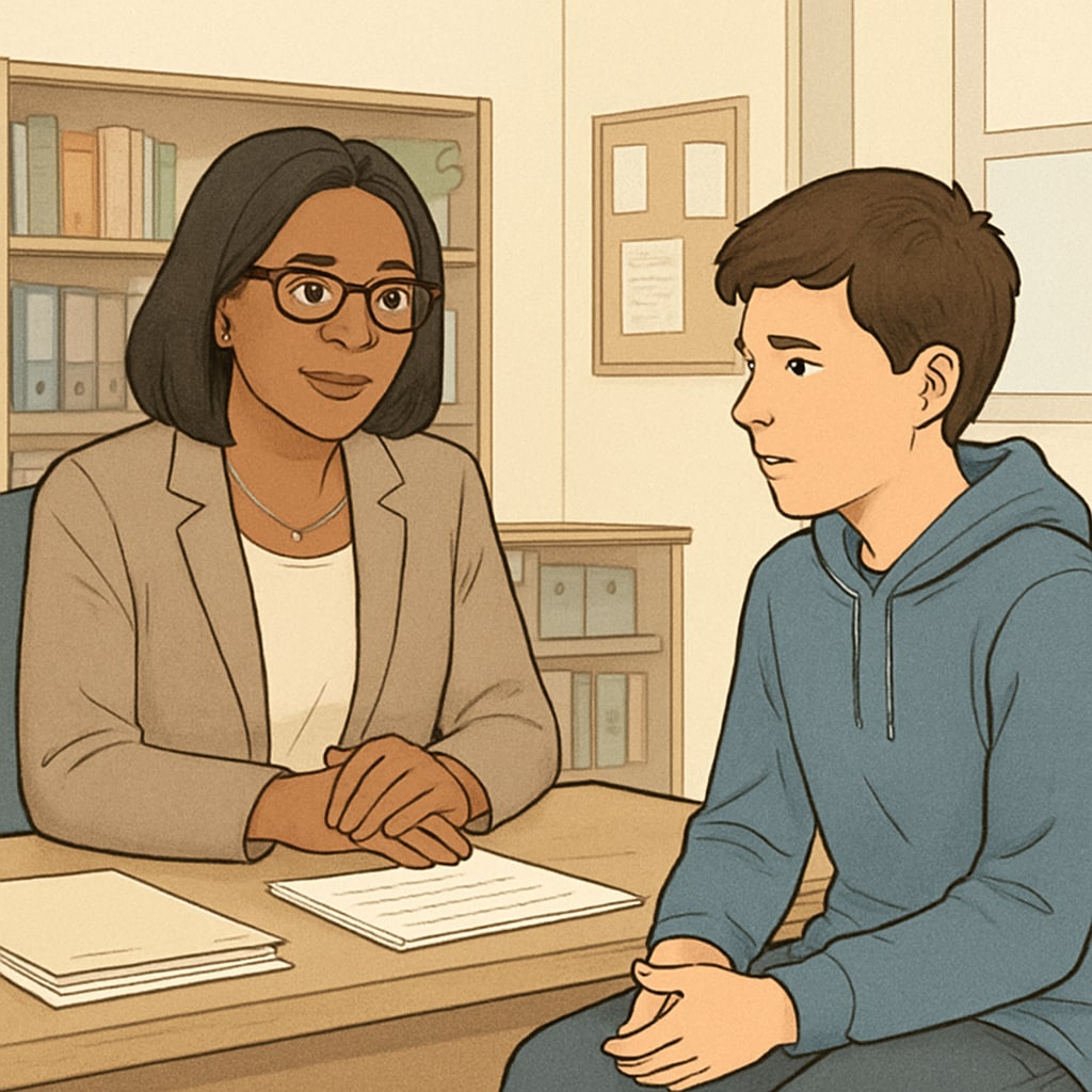 School counselor offering guidance to a student during school hours.