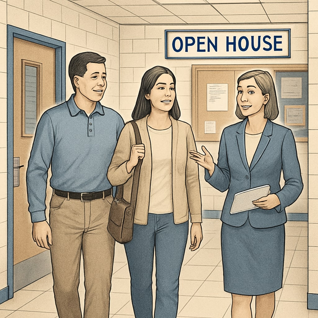 Parents visiting a public elementary school during an open house.