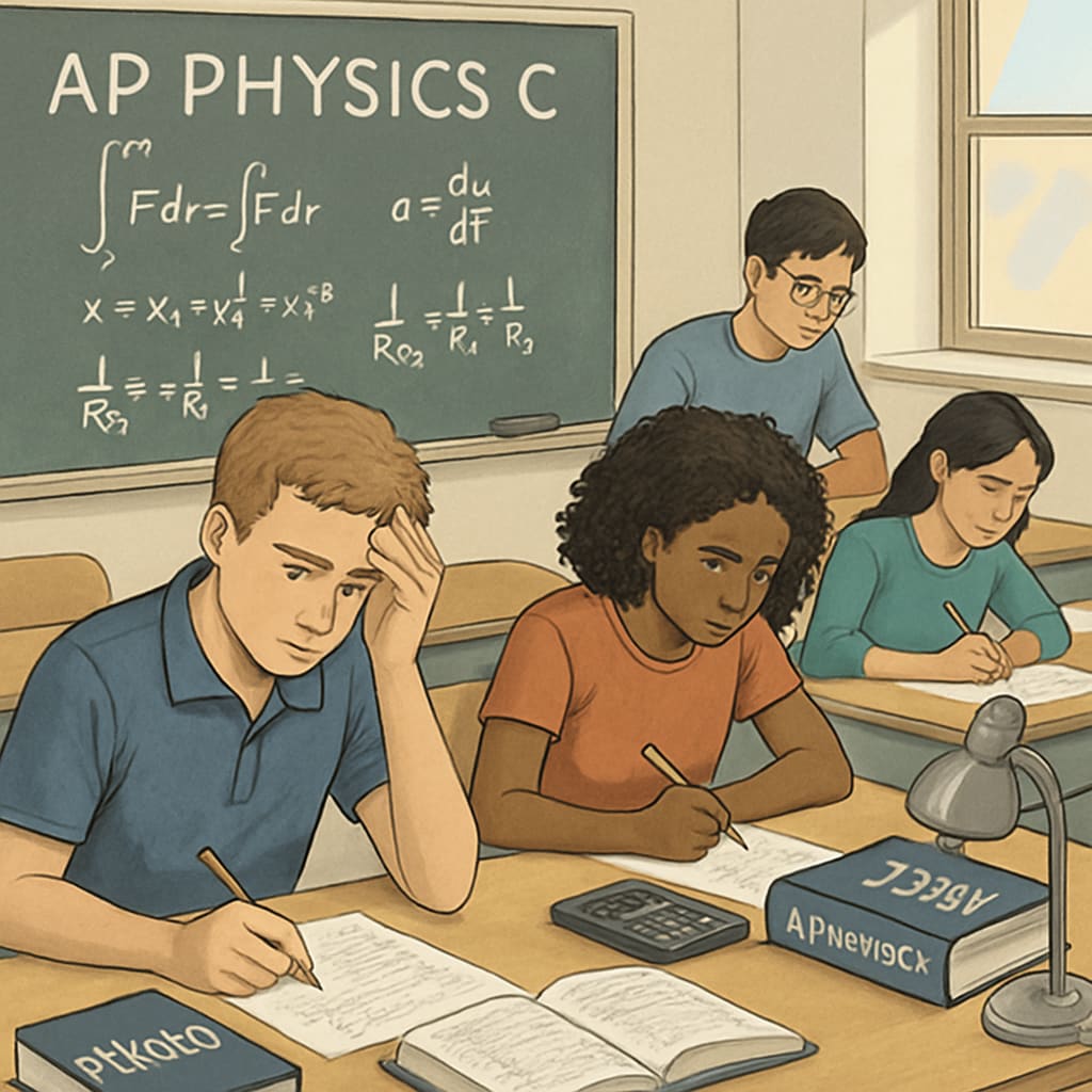 A classroom with students working on physics problems, symbolizing the challenges of AP Physics C courses. Students working on physics problems in a classroom, representing AP Physics C challenges.