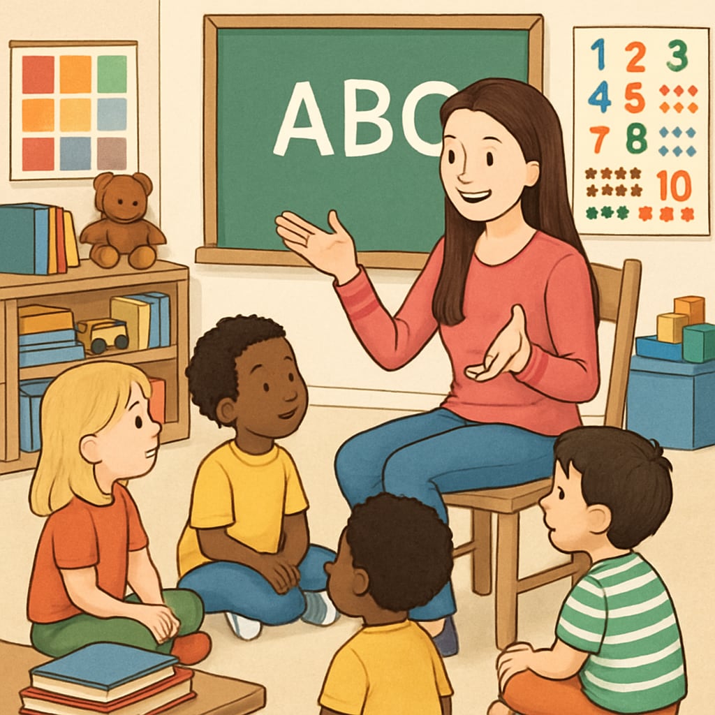 Ms Rachel teaching children with colorful educational materials in a classroom setting. Ms Rachel engaging children with educational tools, showcasing her teaching methods.