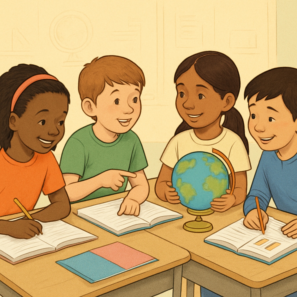 A group of children from different ethnic backgrounds participating in a classroom activity. Children from diverse backgrounds learning together, representing global educational inclusivity.