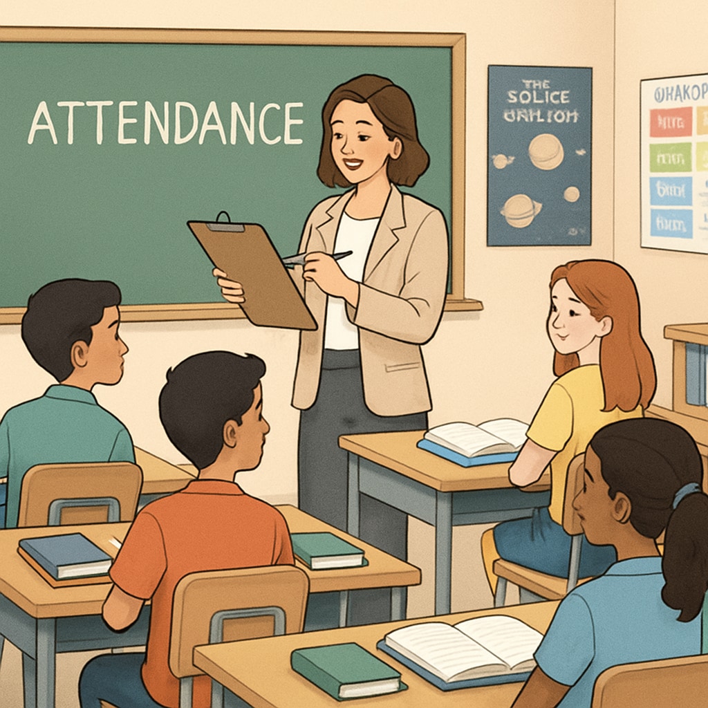 A classroom with students and a teacher taking attendance, symbolizing the role of attendance policies in maintaining educational discipline. Classroom scene with students and teacher during attendance, reflecting attendance policies.
