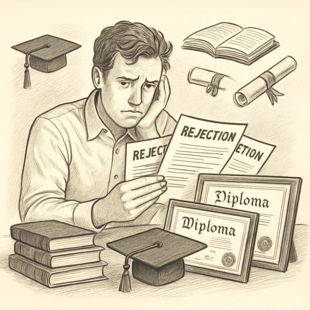 A frustrated job applicant with college degrees holding rejection letters, symbolizing the paradox of educational requirements. Job applicant with college degrees denied due to lack of high school diploma.