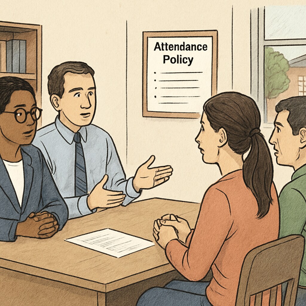A meeting between school administrators and parents discussing attendance policies, highlighting the interplay between educational authorities and family concerns. Parents and school administrators discussing attendance policies in a meeting.