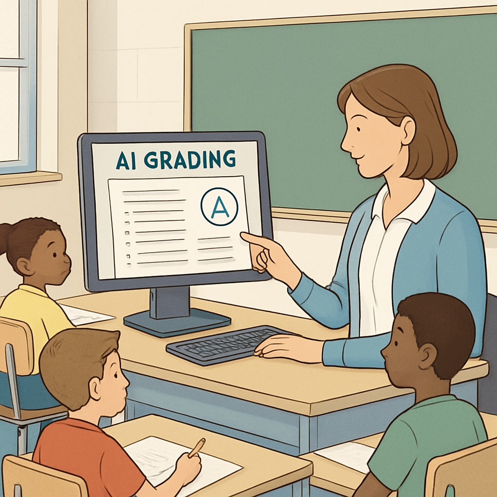 An illustration of AI tools being used in a classroom setting, such as a teacher interacting with an AI-powered grading system. A teacher using AI tools in a classroom to reduce administrative workload.