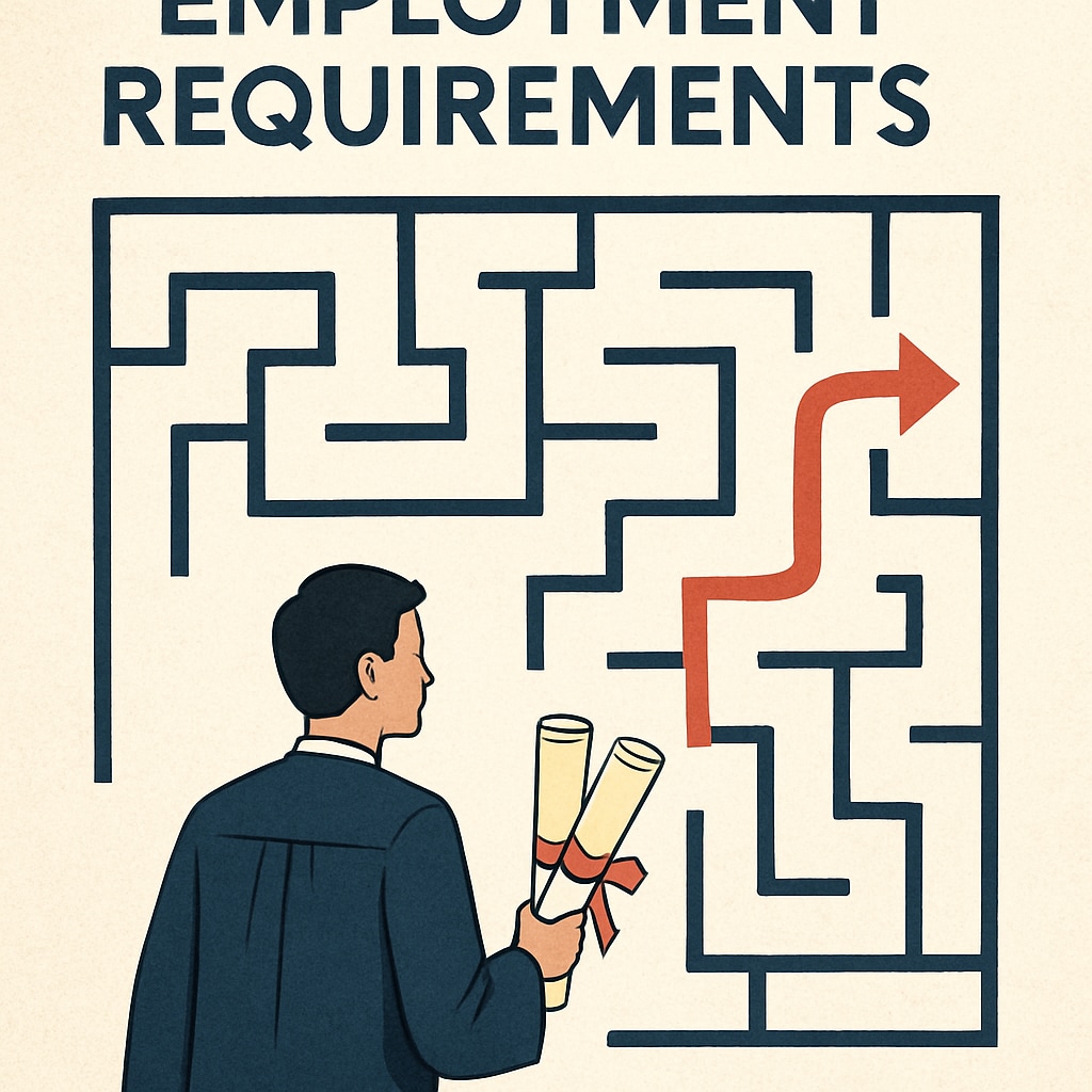 A conceptual image of a maze with an individual holding diplomas, symbolizing the challenges of navigating employment requirements. Educational maze representing struggles with employment policies.