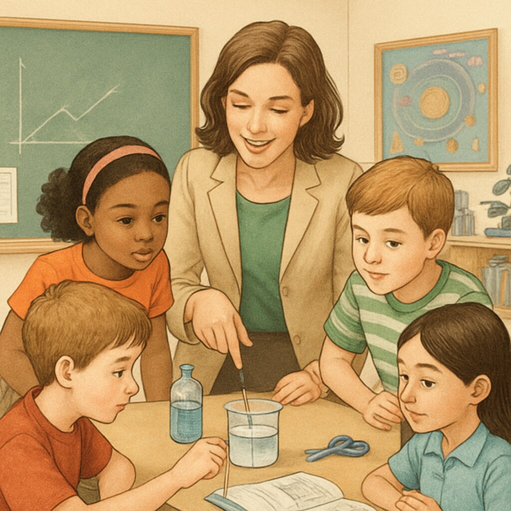 Teacher guiding students during a science activity in a public school