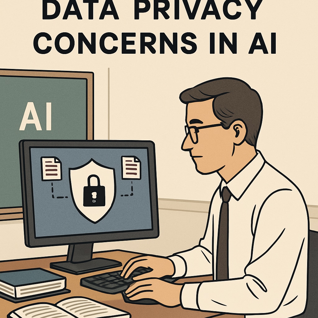A conceptual image showing data privacy concerns in AI, such as a teacher examining data security protocols on a computer. A teacher reviewing AI data privacy protocols to ensure information security.