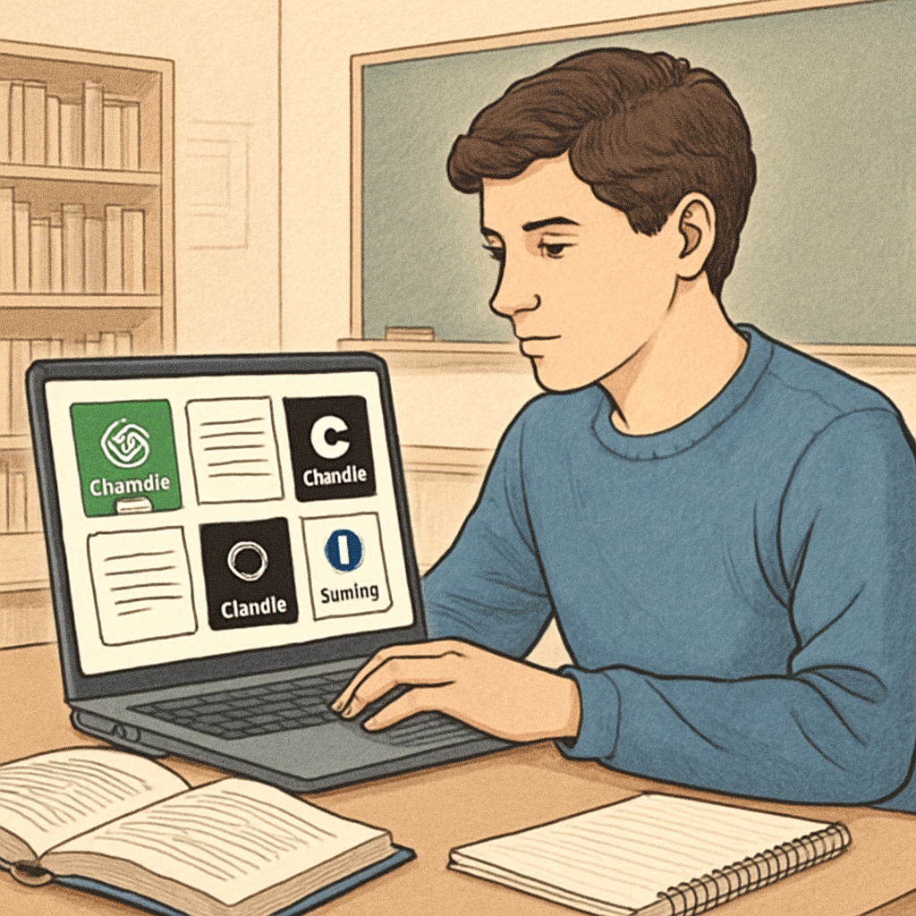 A student using a laptop with various AI tools open, representing ChatGPT Plus, Claude, and Perplexity in an academic setting. AI tools like ChatGPT Plus, Claude, and Perplexity for academic applications