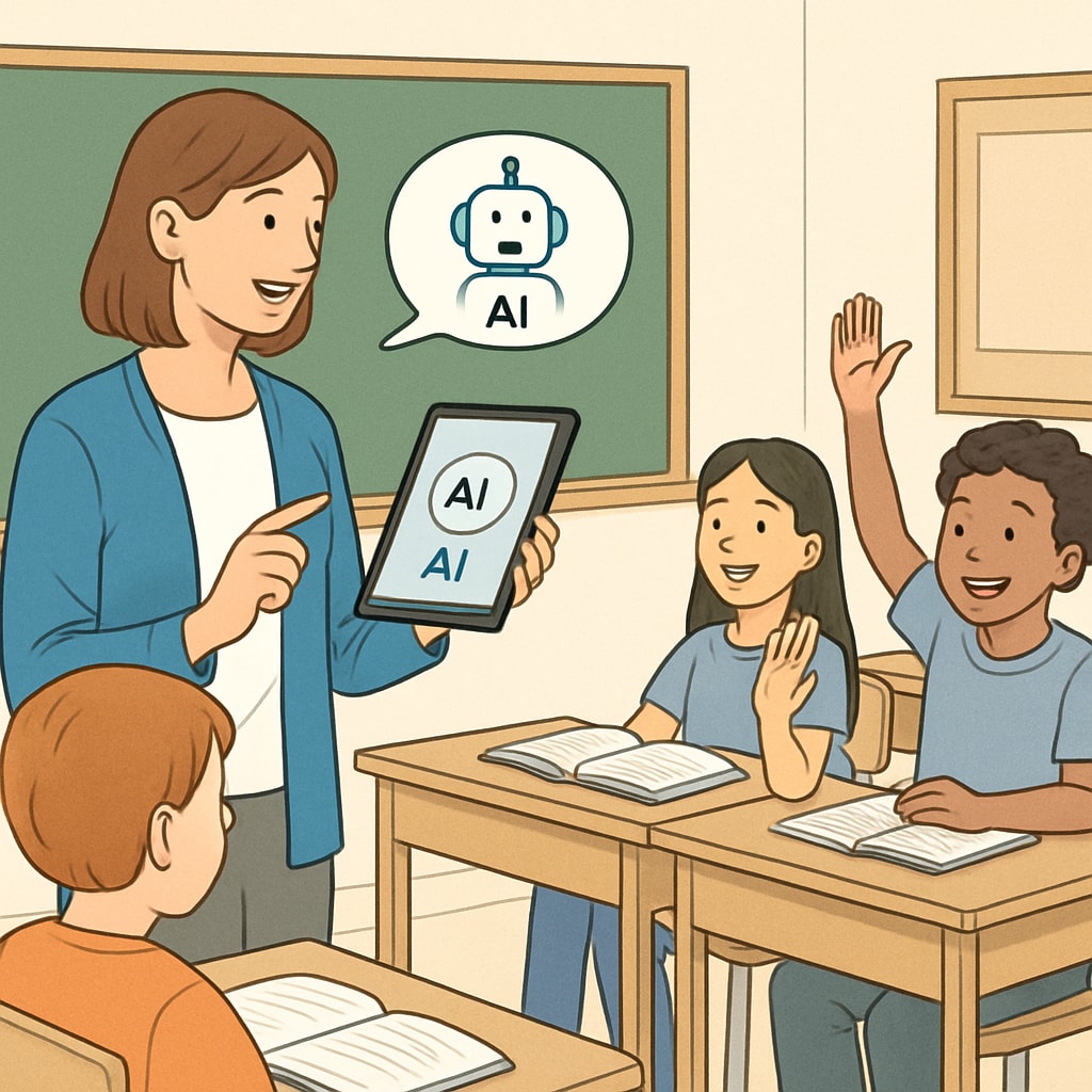 AI in education, showing a teacher using AI tools in a classroom.