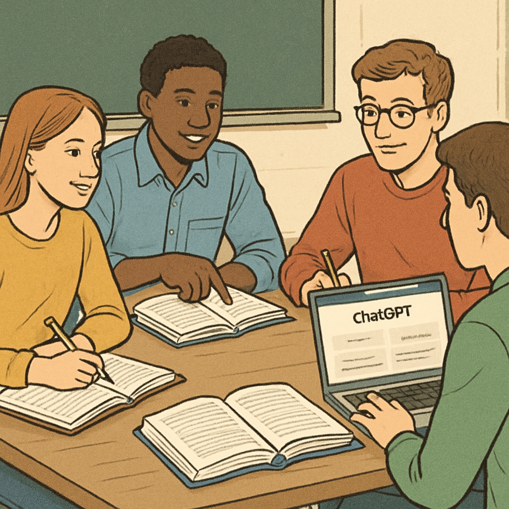 A university student collaborating with peers, with a laptop displaying ChatGPT Plus in the background. University student using ChatGPT Plus for peer tutoring and academic aid