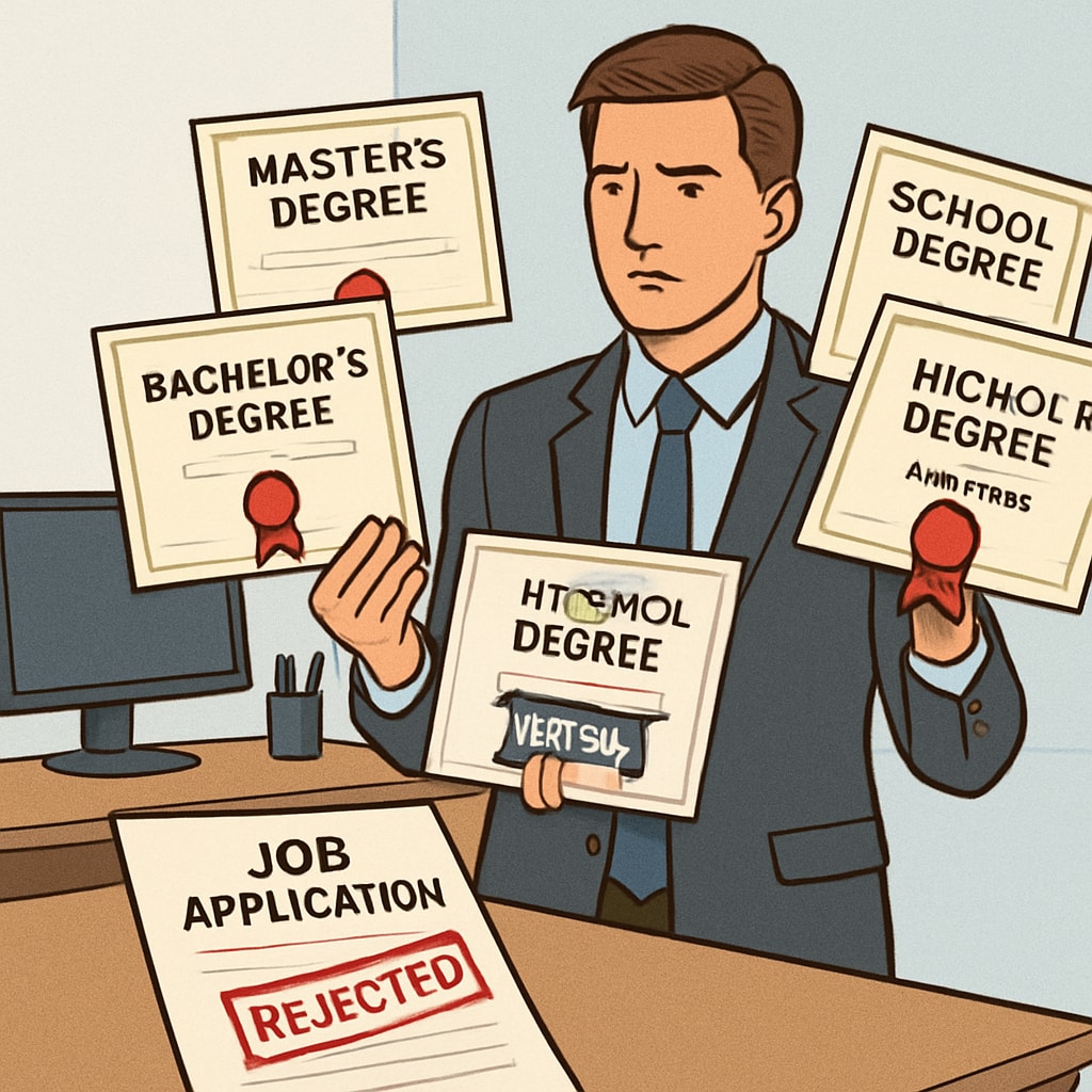 A person holding multiple degrees but being rejected for a job due to lack of a high school diploma. A job candidate holding advanced degrees rejected due to missing high school diploma in Arizona government hiring.