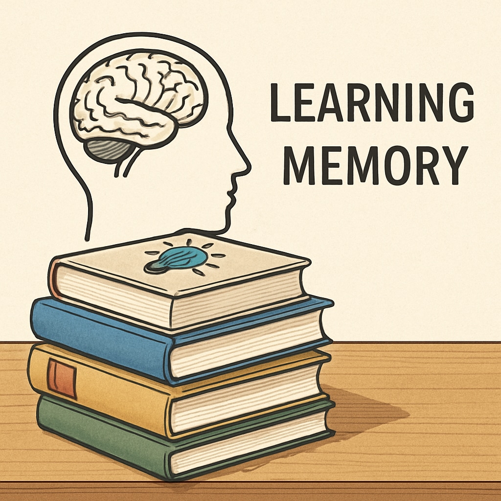 A stack of books on a wooden desk, symbolizing learning and memory improvement. Books representing learning methods and memory techniques.