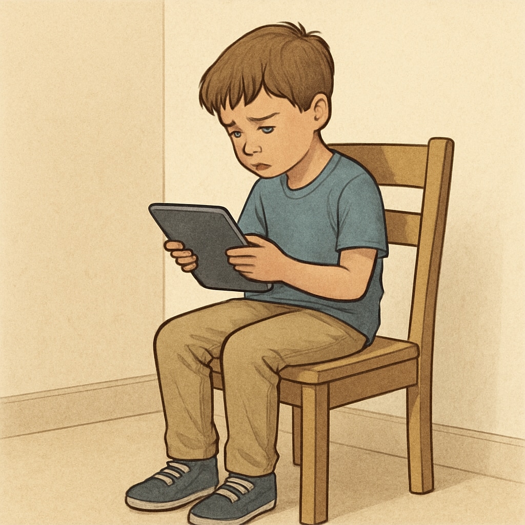 A child sitting alone while using a tablet, illustrating the potential social isolation caused by excessive screen time. Child experiencing social isolation due to overuse of a tablet.