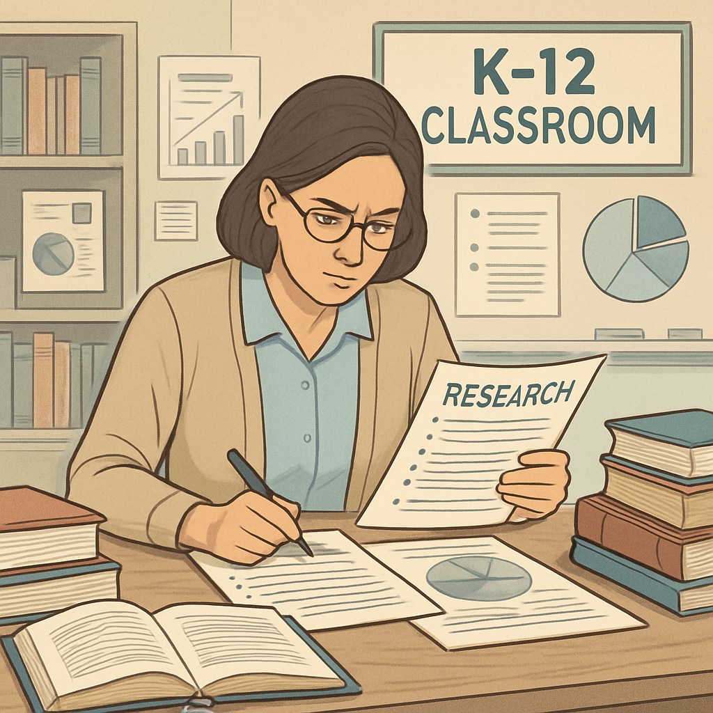 A teacher reviewing academic research to adapt strategies for a K12 classroom. Educator analyzing research papers for K12 application.