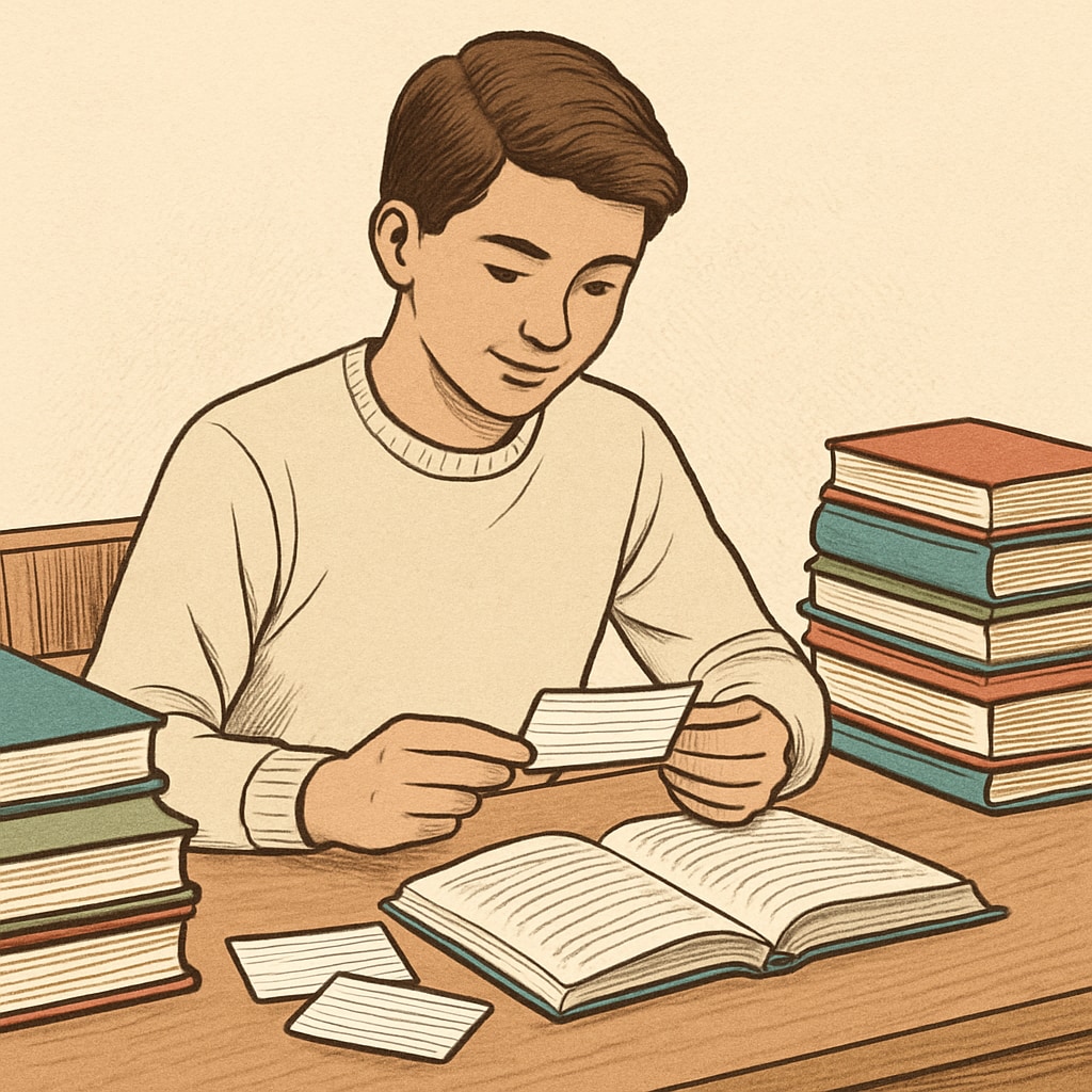 A teenager sitting at a desk, surrounded by books, using flashcards to study. Teen using flashcards to enhance memory and study skills.