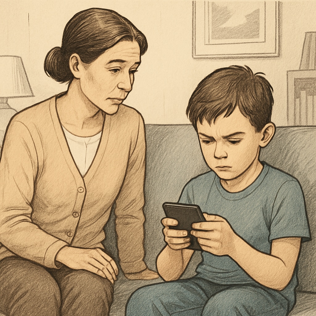 A parent observing their child’s excessive use of a smartphone, symbolizing the need for guidance and intervention. Parent monitoring a child’s smartphone use to prevent overuse.