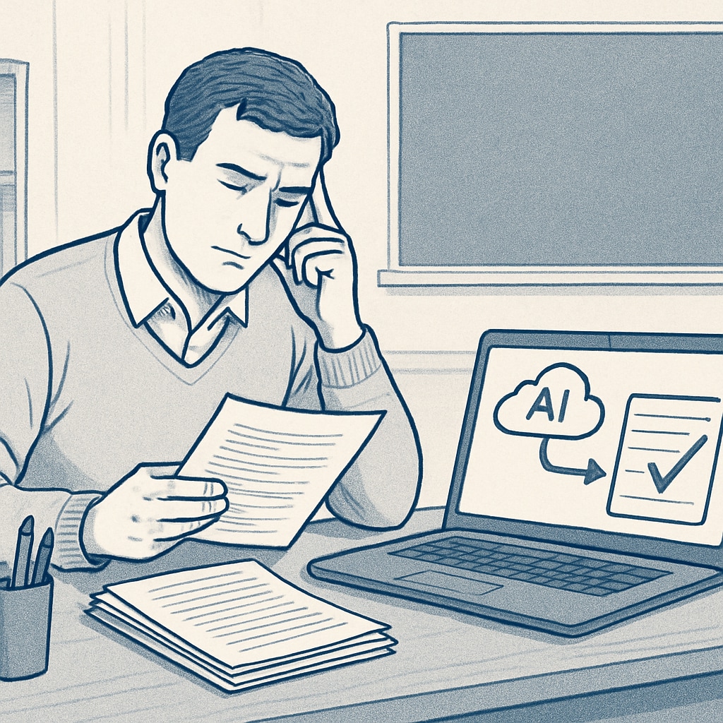 A teacher reviewing papers while an AI-powered system on a laptop automates grading tasks. AI automating grading tasks to reduce teachers' workload.