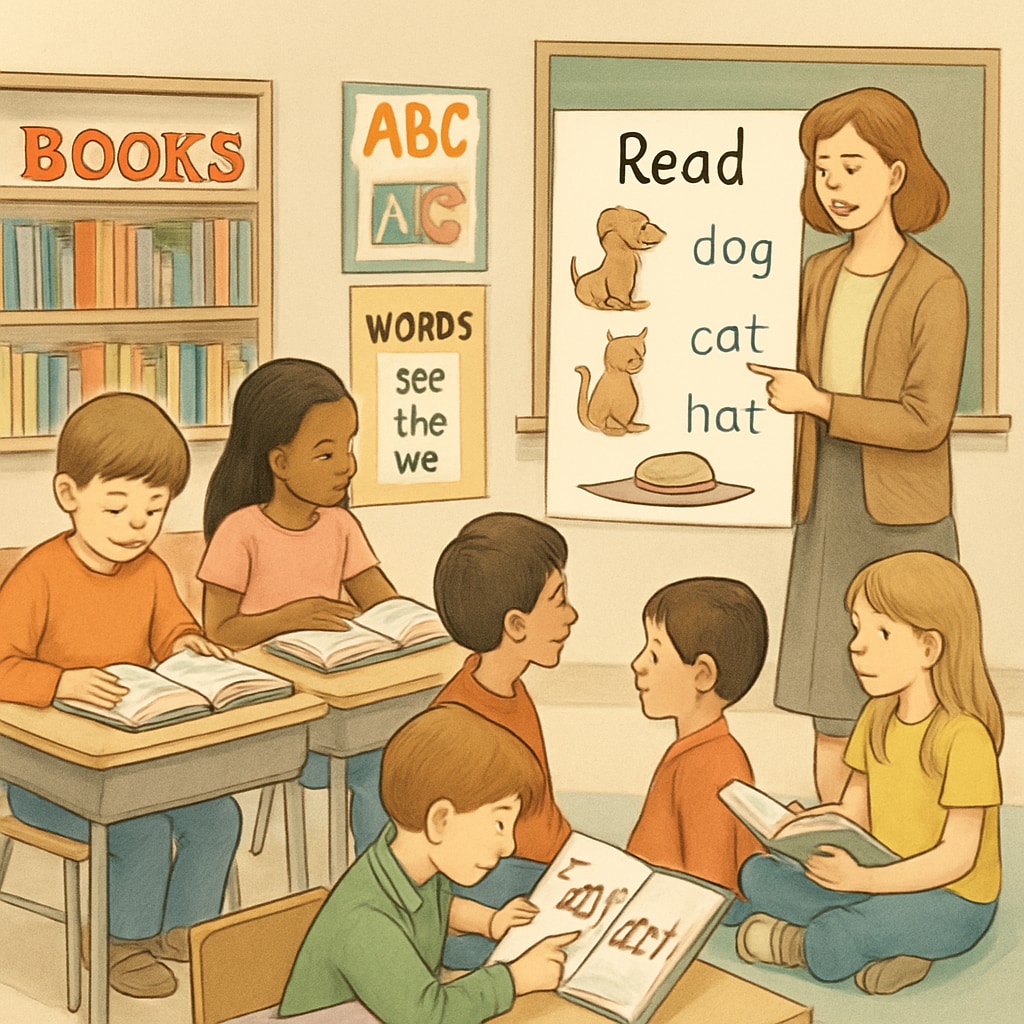 A classroom of young students learning to read with books and visual aids, illustrating the whole language approach. Whole language classroom with young students reading together.