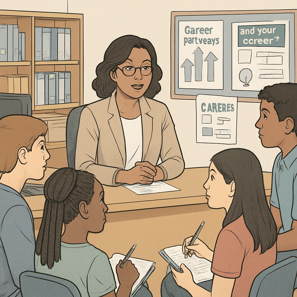 School counselor discussing career options with students, aligned with school schedules.