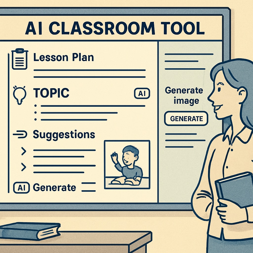 An AI-powered classroom tool displayed on a smartboard, assisting a teacher in lesson planning. AI-powered smartboard assisting with lesson planning in a classroom.
