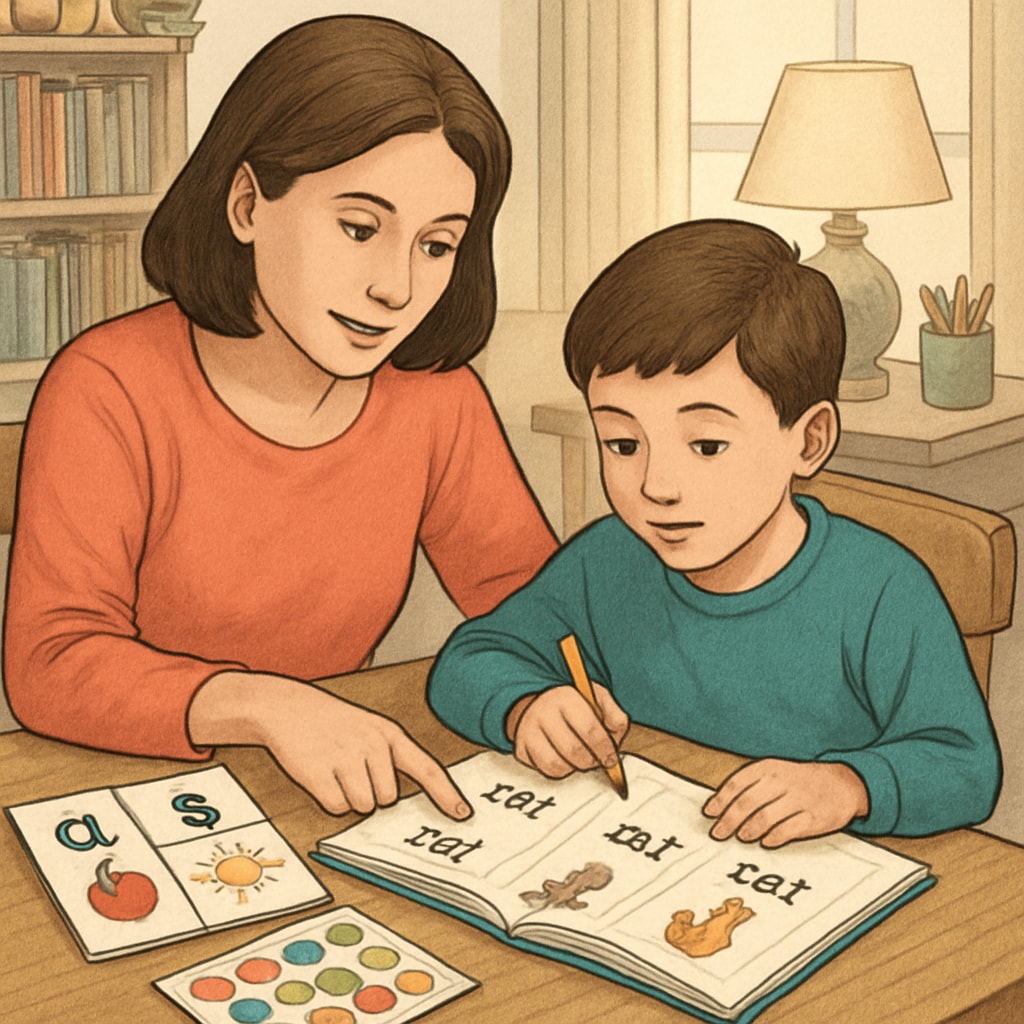 A parent helping their child with phonics-based reading exercises at home, reinforcing the importance of systematic instruction. Parent teaching phonics-based reading to a child at home.