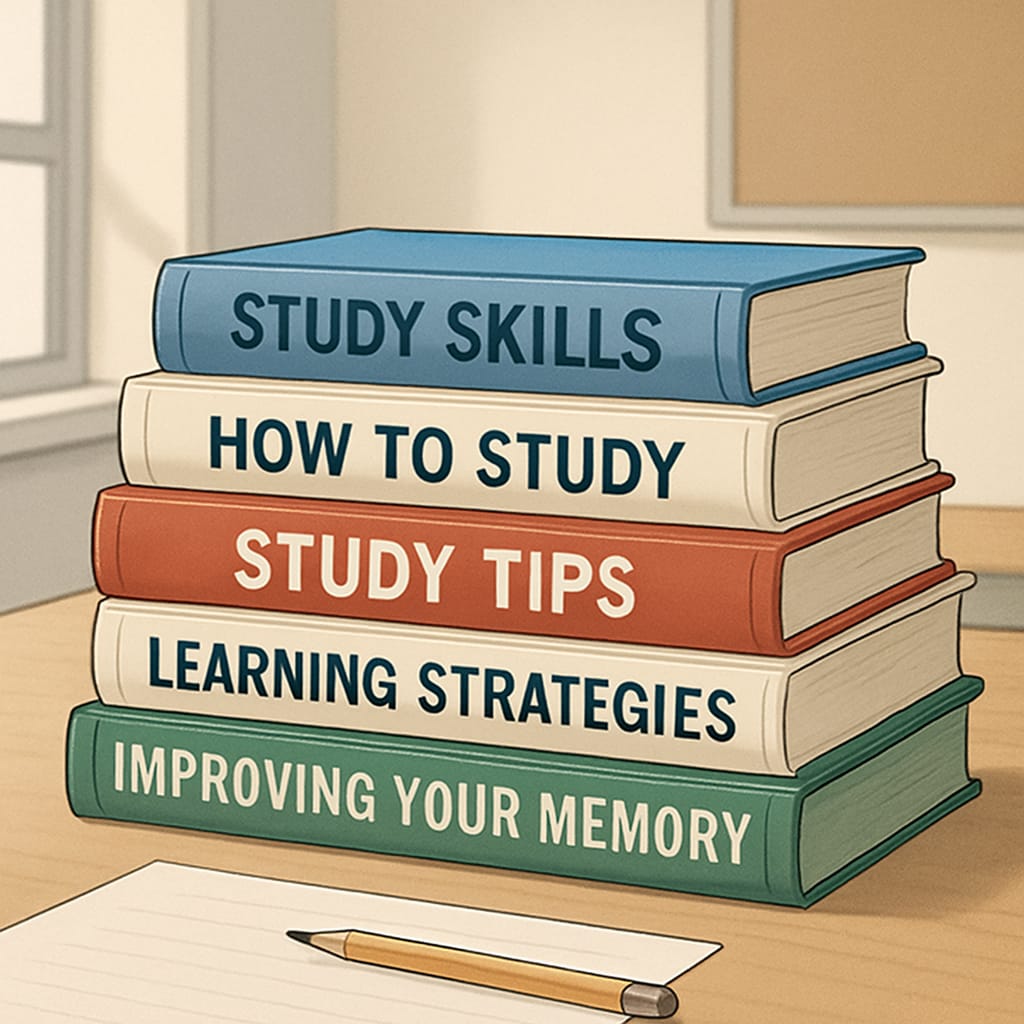 A stack of books on a desk, with titles related to study techniques and memory improvement prominently displayed. Books about study techniques and memory skills for teens.