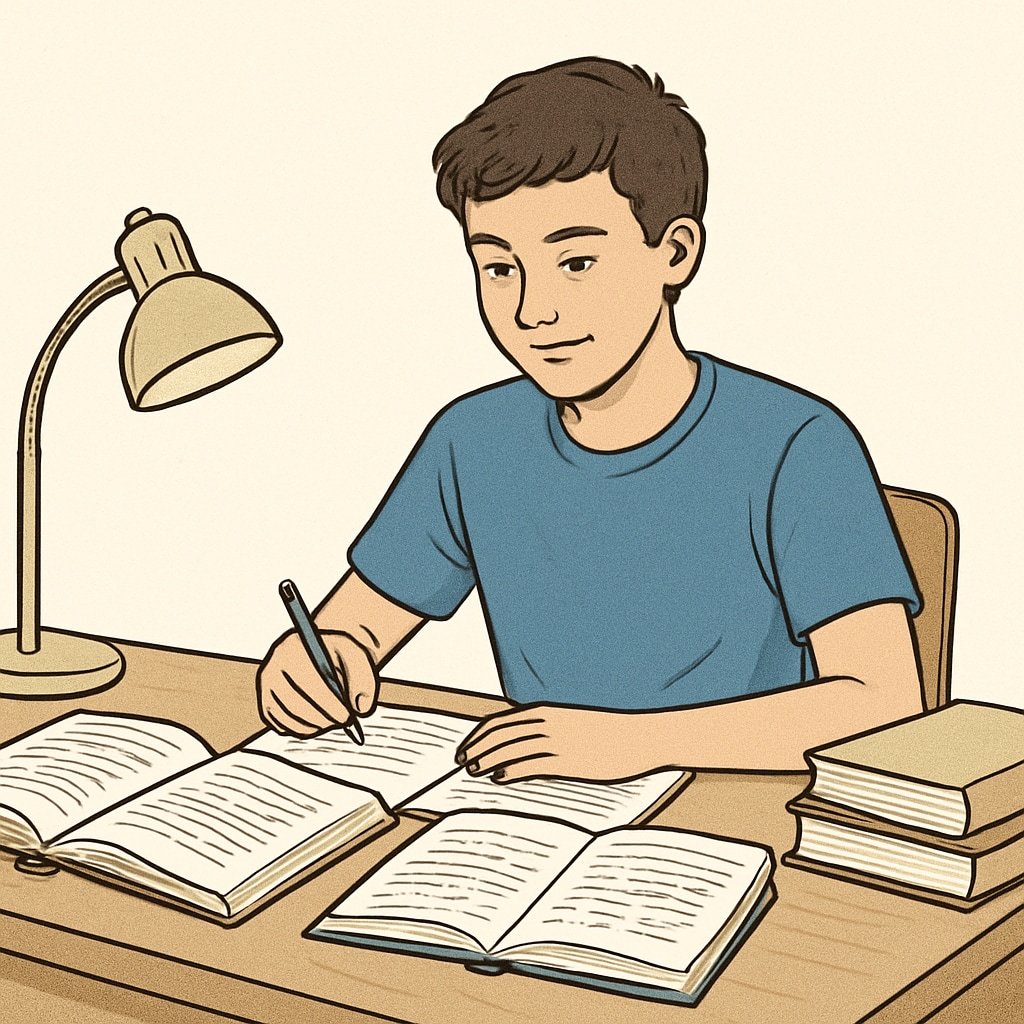 A teenager sitting at a study desk, surrounded by open books and notes, appearing focused and engaged in learning. Teenager studying with books and notes, demonstrating effective learning strategies.