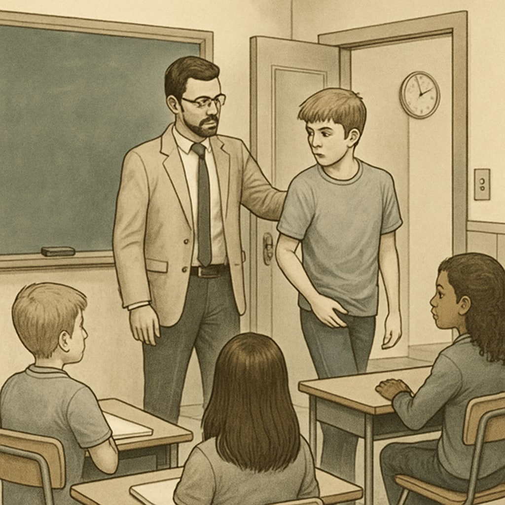 A classroom scene where a teacher is guiding a disruptive student out of the room in a calm and controlled manner. Teacher removing a disruptive student from the classroom, maintaining order.