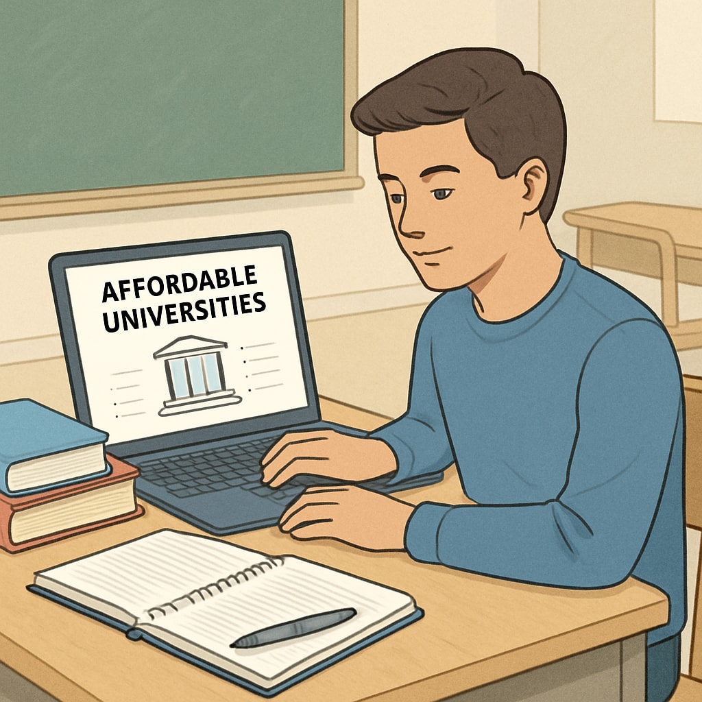 A student using a laptop to research affordable universities online. Student researching affordable universities that accept AS-level qualifications.