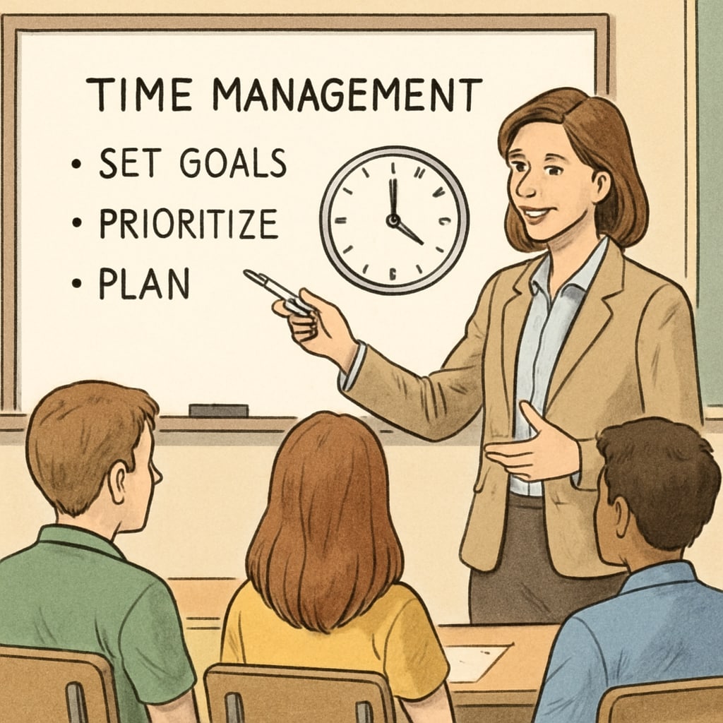 Teacher demonstrating time management to students.